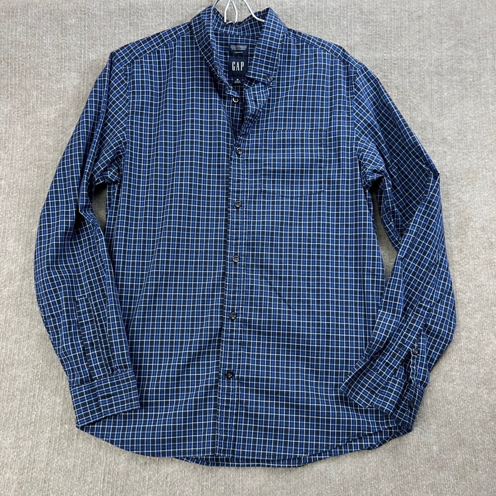 GAP Men's Blue Plaid Button Down‎ Shirt Standard Fit Coolmax Ecomade Size M